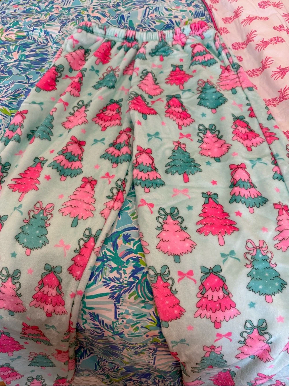 Girls' Mint Green Pink Holiday Tree Fleece pajama pants. Size girls XL
